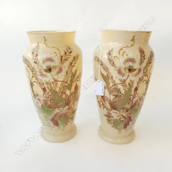 PR OF EDWARDIAN PEACH COLOURED  HAND PAINTED FLOWER VASES H280MM