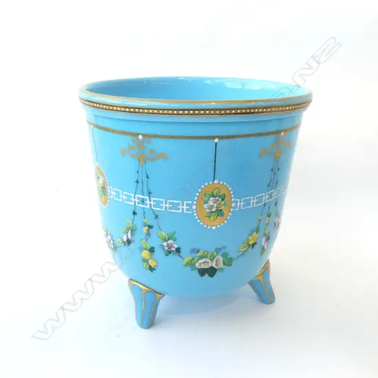 EDWARDIAN TOURQUISE HAND PAINTED & GILT GLASS JARDINEER H200 DIA200MM