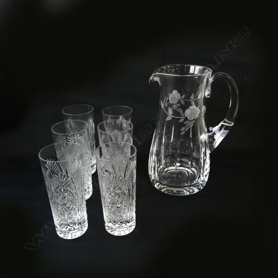 ROYAL DOULTON LG CRYSTAL JUG H.255mm & 6 HIGH BALL GLASSES 'CATHEDRAL' PAT. H.160mm