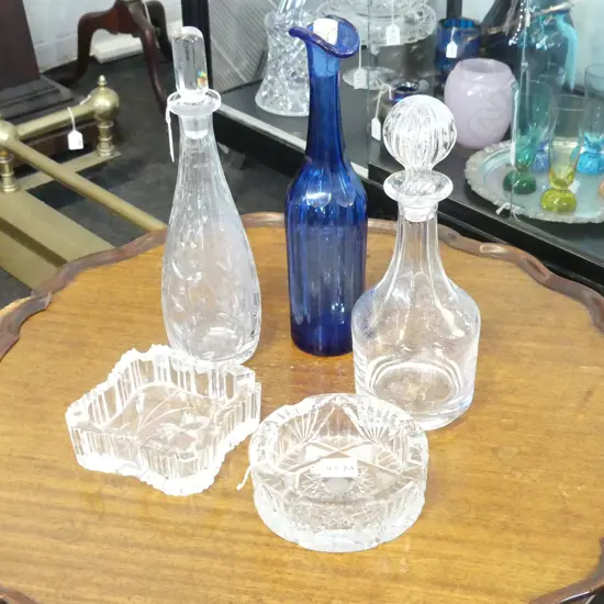 3 DECANTERS ( 1 CRYSTAL) + 2 CUT CRYSTAL ASHTRAYS