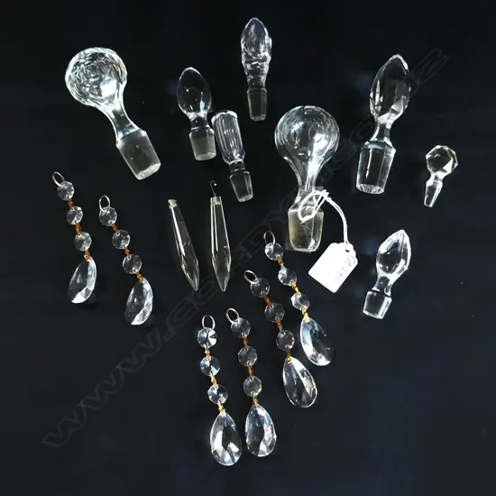 BAG OF CRYSTAL LUSTRES & DECANTER STOPPERS