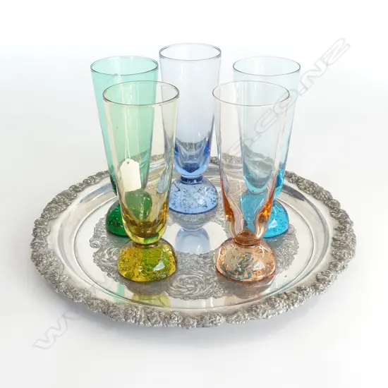 HEAVY EP TRAY DIA310MM WITH 5 COLOURED GLASS RETRO FLUTES H170MM