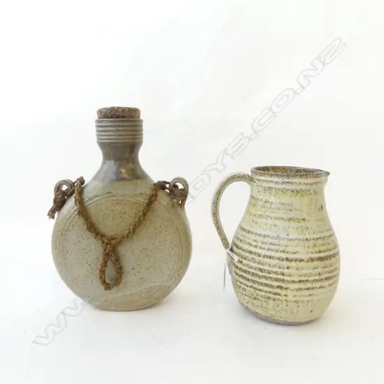 STUDIO POTTERY CORKED SIGNED DECANTER H270MM & JUG  H200MM