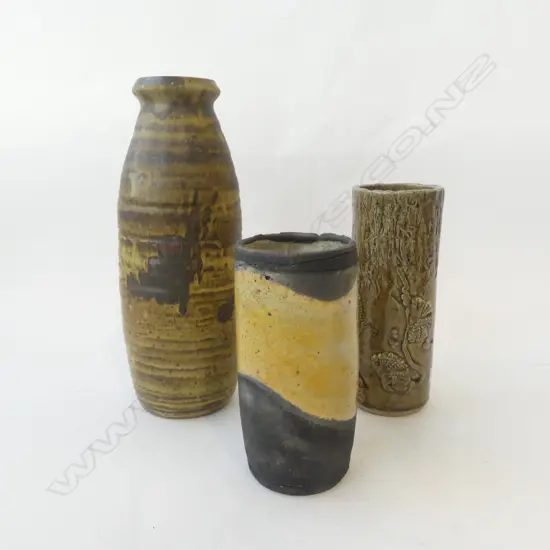 3 CYLINDER SHAPED NZ STUDIO POTTERY VASES H340MM TALLEST