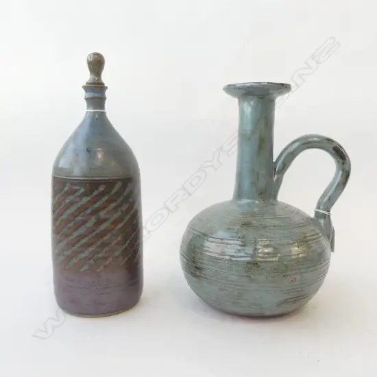 2 PCS NZ STUDIO POTTERY CANDLE HOLDER H230MM & STOPPERED FLASK H320MM