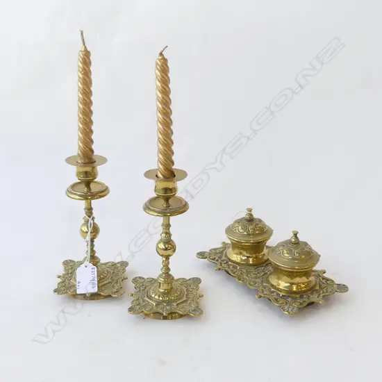 PR BRASS CANDLESTICKS H160MM & MATCHING DOUBLE INKSTAND L180MM
