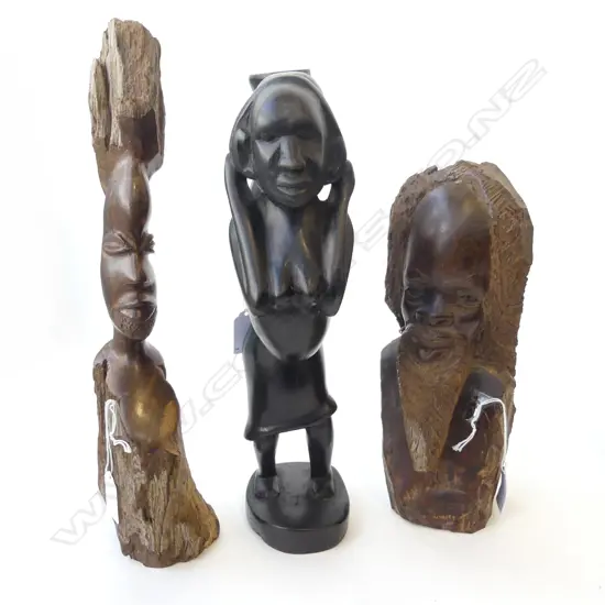 3 AFRICAN CARVED HARDWOOD FIGURES H390MM TALLEST