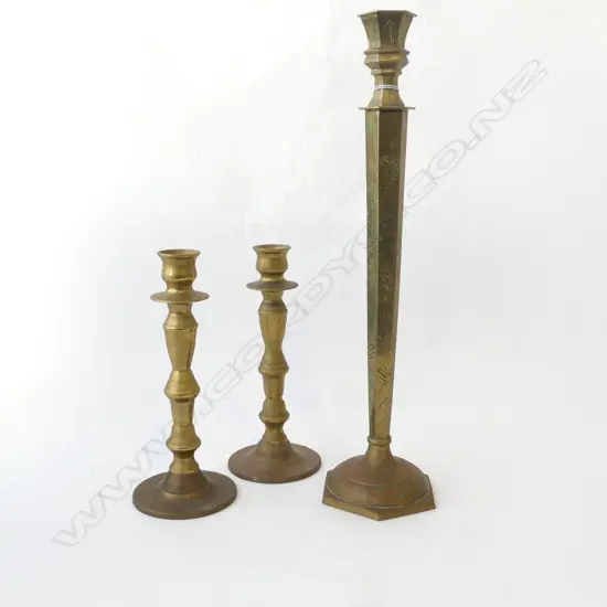 3 BRASS CANDLESTICKS; PR H.250mm, OTHER H.480mm 