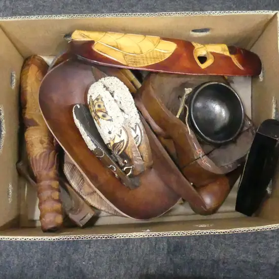 BOX LOT PACIFIC ISLAND WOOD MASKS BOWLS ETC