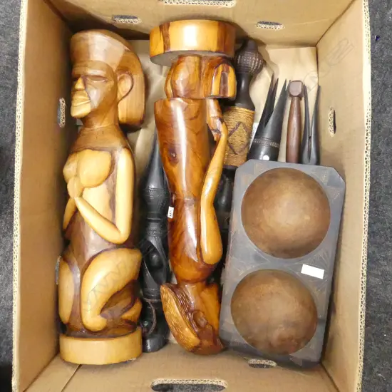 2 FIJI ISLAND CARVED FIGS H460MM WOOD BOWL L280MM & 5 CANNIBAL FORKS