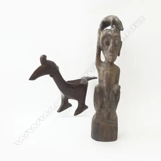 WOOD CARVED INDONESION FIGURE H530MM & HORNBILL BIRD BOWL L450MM