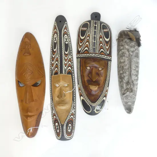 4 CARVED WOOD FACE MASKS 2 PNG H720MM 1 TONGA H590MM & 1 INDONESIAN H460MM
