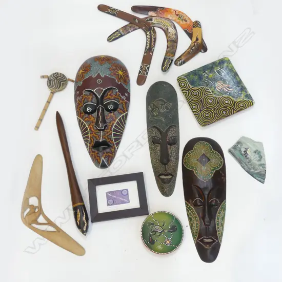 BOX OF ABORIDGINAL HAND PAINTED MASKS BOOMARANGS DISHES ETC