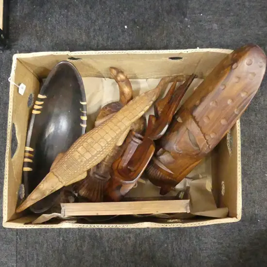 BOX LOT 2 CARVED WOOD MASKS CROC & BIRD CARVINGS POTTERY BOWL ETC