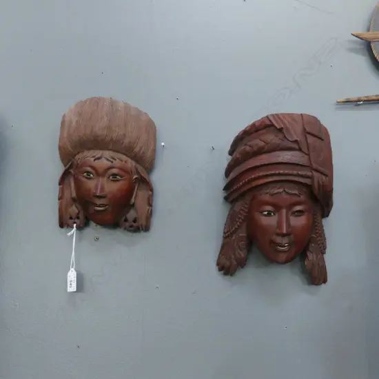 2 WOODEN WALL HANGING HEADS OF GIRLS LAUGHING, H.220MM