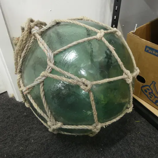 OLD GLASS FISHING FLOAT WITH NETTING hand blown APPROX. Dia.400mm