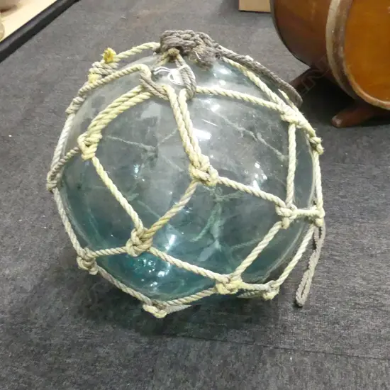 OLD GLASS FISHING FLOAT WITH NETTING hand blown APPROX. Dia.300mm
