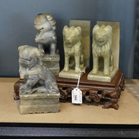 PR SOAPSTONE FU DOGS & BOOKENDS (1 REPAIRED) + WOODEN STAND W.250mm