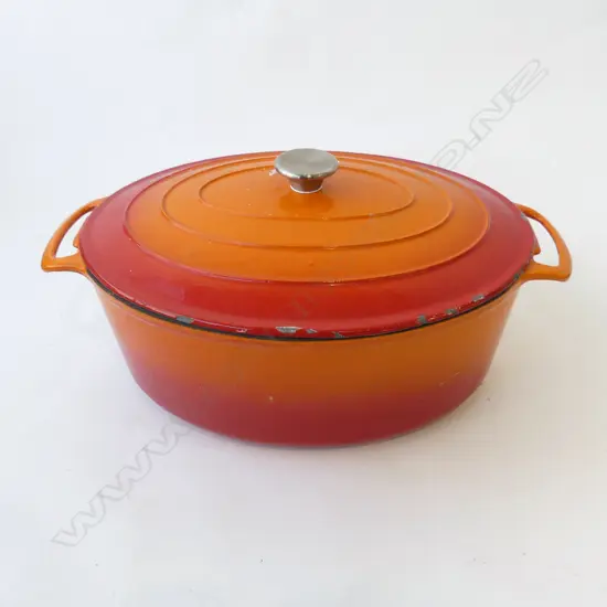LG STEVENS ORANGE ENAMELED CAST IRON LIDDED CASSEROLE 430x280mm (LID CHIPPED)