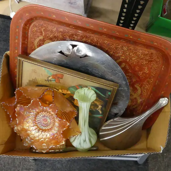 LACQUER TRAY 330x440mm, METAL DISH, 2 CARNIVAL GLASS BOWLS, RUSSIAN RELIGIOUS PRINT ETC