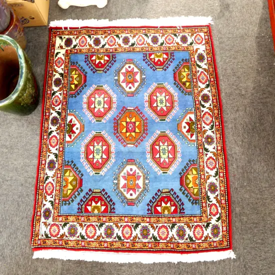 HAND KNOTTED PERSIAN YALAMEH RUG octagonal medallions on blue ground wool on cotton 1440 x 1110mm