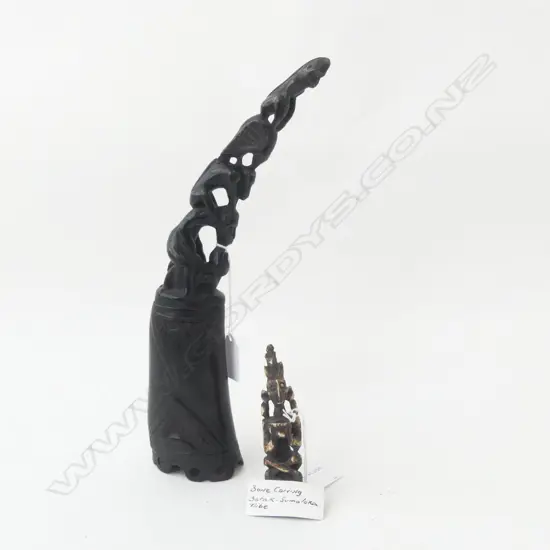 WATER BUFFALO HORN CARVED SHARMANS CHARM CONTAINER L300MM & BATAK CARVED BONE FIGURE H100MM