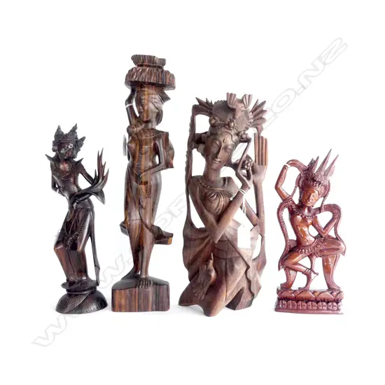 4 VINTAGE INDONESIAN WOODEN HAND CARVED WOMEN, TALLEST 420MM