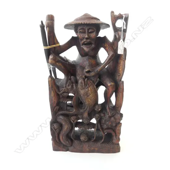 WOODEN FISHERMAN STATUE, H.430MM