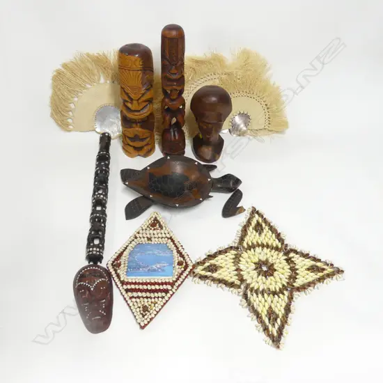 BOX LOT PACIFIC ISLAND WOOD CARVINGS  SHELL & FIBER WEAVINGS