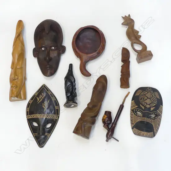 BOX  OF 10 CARVED WOOD PACIFIC ISLANDE MASKS FIGURES BOWLS ETC