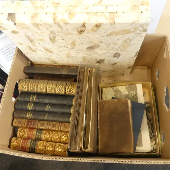 10 ANTIQUE LEATHER BOUND BOOKS, UK COIN ISSUE, EMPTY CRAFT ALBUM, PUZZLE OF BRITAIN, 2 CIGARETTE ALBUMS, 1842 MAORI BOOK