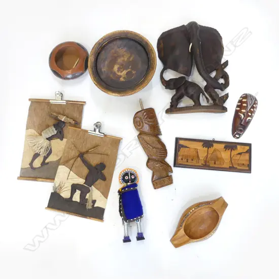 BOX LOT E;LEPHANT CARVING BARK PICTURES AFRICAN POTTERY ETC