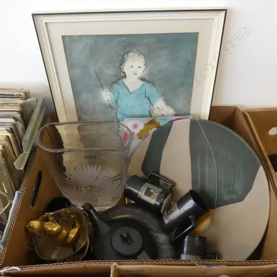 PICASSO LITTLE SHEPHERD PRINT, FERM LIVING PLATE 370mm dia & GREY MARBLE CANDLE HOLDER, 5 PCE STUDIO POTTERY TEA SET ETC