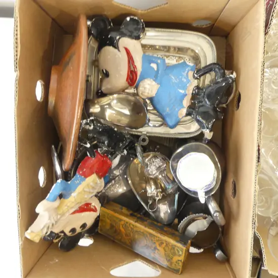 ASST. SILVER PLATE INCL. BACON WARMER, MICKEY & MINNIE MOUSE PLASTER WALL ART ETC