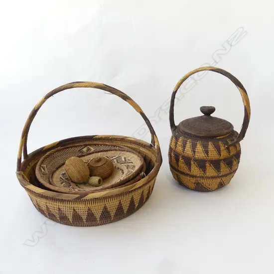 2 WOVEN CANE BUKA BASKETS DIA 400 LARGEST  2 DISHES ETC