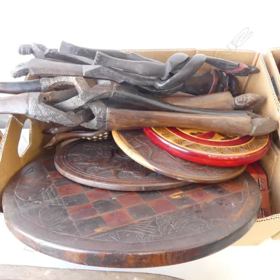 BOX OF CARVED WOOD TRIANGLE STANDS & TABLE TOPS