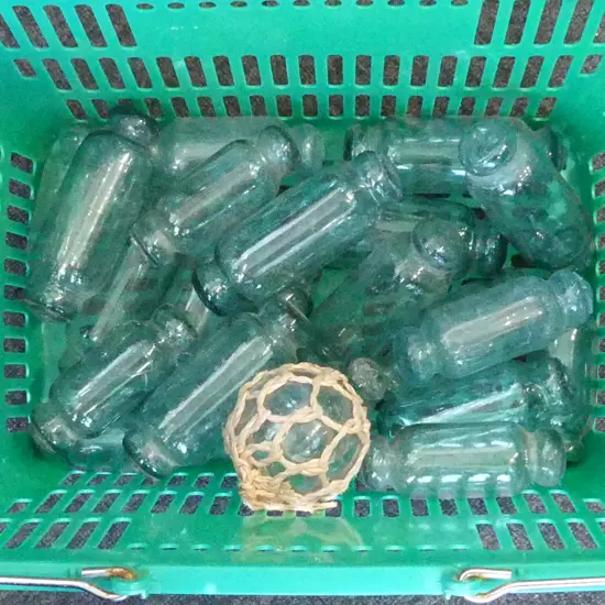 22 OLD GLASS BOTTLE FISHING FLOATS, VARIOUS SIZES L.125-150 mm