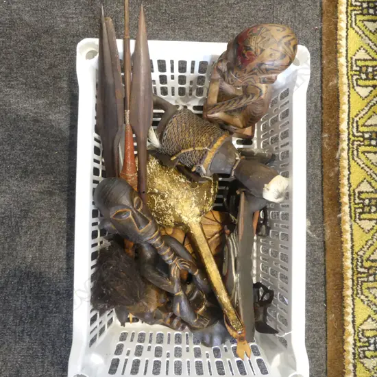 TRAY OF 10 ETHNIC WOOD CARVINGS  & 4 SPEAR HEADS