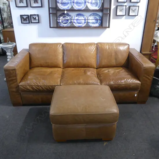 QUALITY LEATHER THREE SEATER SOFA 2150x950x800mm OTTOMAN 750x600x450mm
