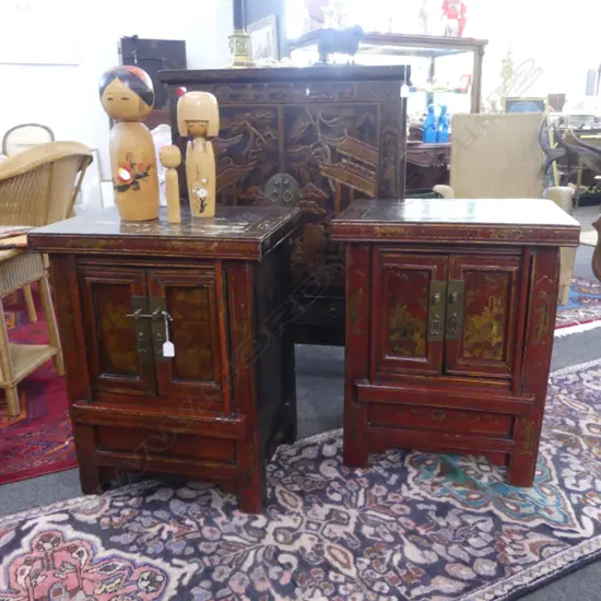 PR ORIENTAL BEDSIDE CABINETS (1 w. TOP WORN & PIN MISSING) 560x425x715mm