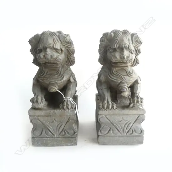 PR HEAVY CARVED STONE CHINESE FU DOGS on plinth bases H.250mm