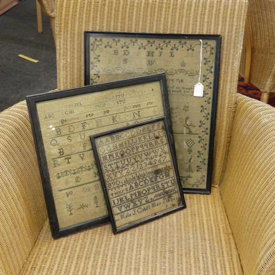 3 ANTIQUE SAMPLERS; ANN PEARSON 410x330mm, EMMA COYLES, KATE CUBITT