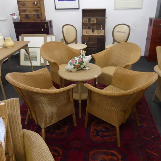 4 LUSTYS LLOYD LOOM CHAIRS & TABLE 615mm dia some surface level dog chew to legs