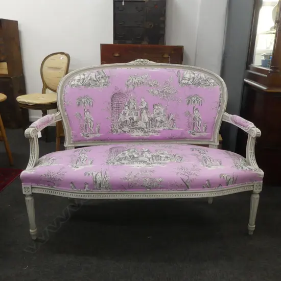 FRENCH STYLE SOFA IN PINK TOILE DE JOUY UPHOLSTERY