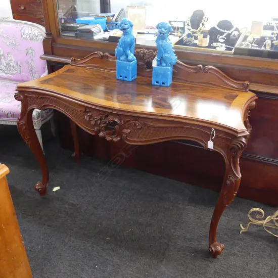 20thC REPRODUCTION FRENCH STYLE CONSOLE TABLE carved frieze cross-banded  W.1200. D,500mm. H.900mm. By J. Micheloudakis