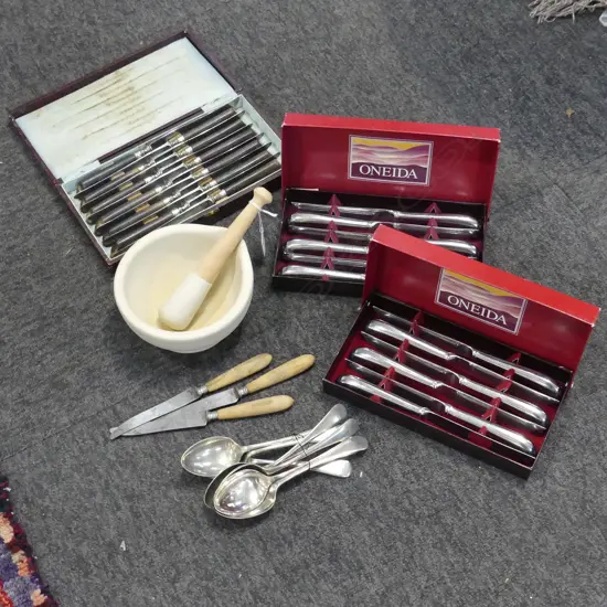 MORTAR & PESTLE + ASST. CUTLERY; CASED KNIVES ETC