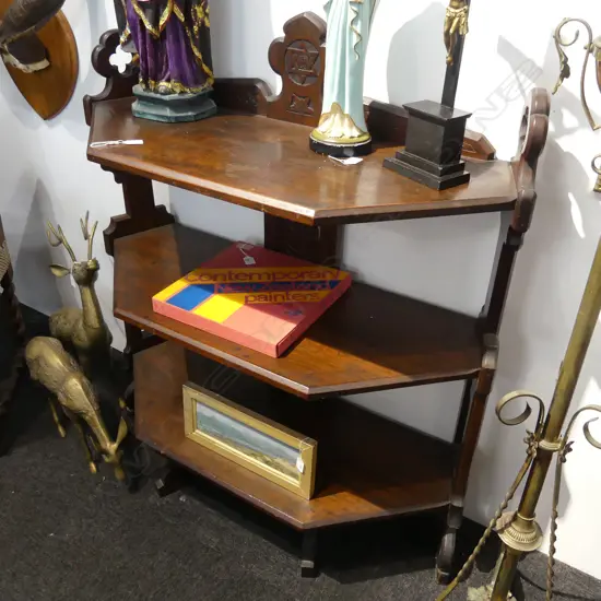 VICTORIAN ECCLESIASTICAL 3 TIER DISPLAY SHELF, DARK STAINED KAURI 1030x400x1150mm