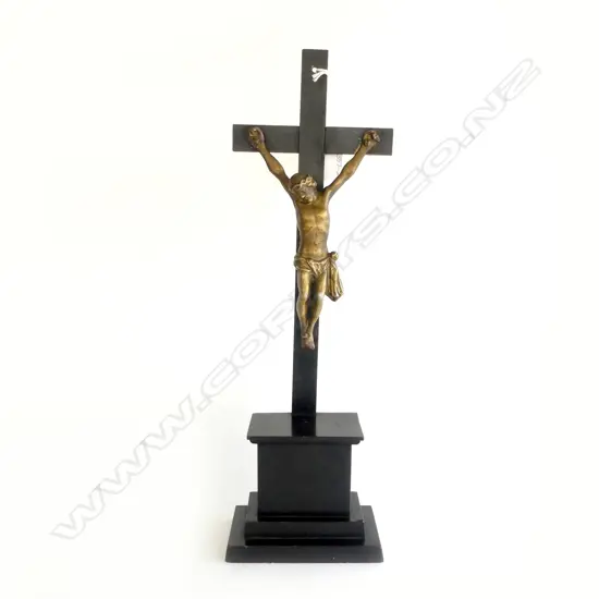 VINTAGE BLACK CRUCIFIX w BRONZE PAINTED CHRIST, H.430mm