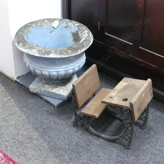 CONCRETE GARDEN PLANTER 360mm dia + DOLL SIZED SCHOOL DESK