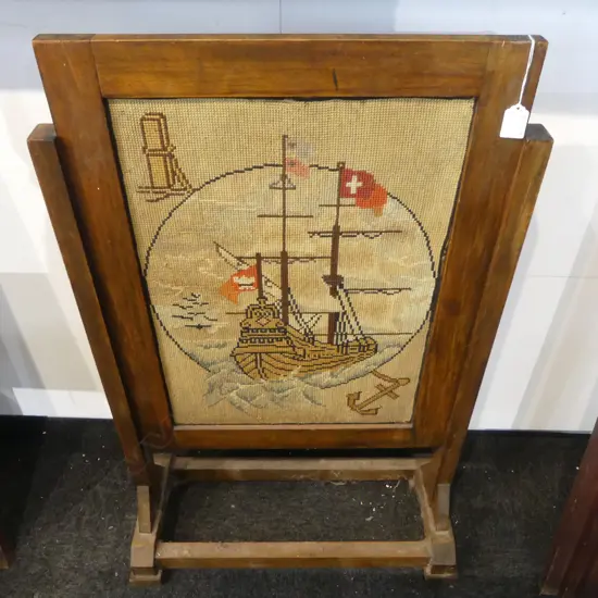 OAK FRAMED FIRE SCREEN w. SHIP NEEDLEWORK PANEL H.900mm